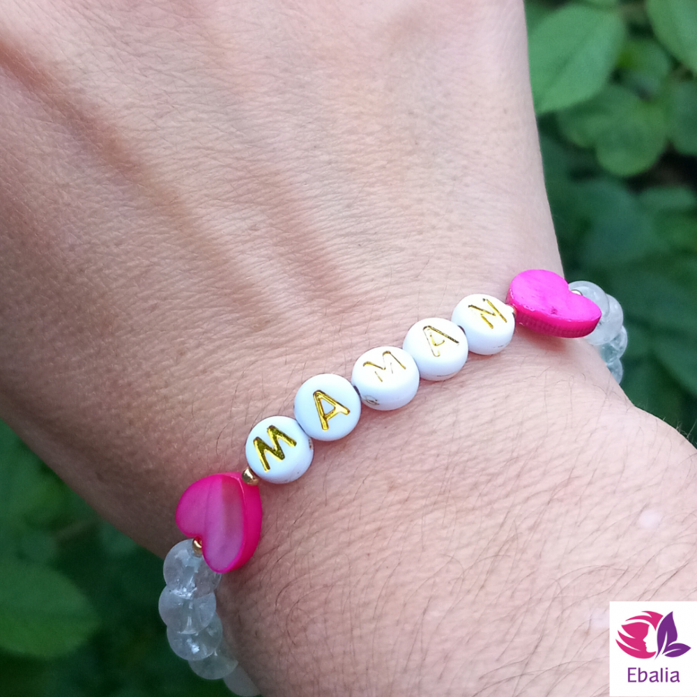 Bracelet Personnalisé \"Amour Éternel\" - Mot - lettres personnalisable, Cœurs nacrés personnalisable- Cristal de Roche - quartz rose