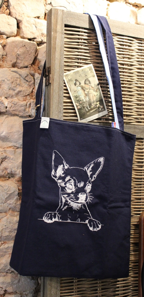 cabas doublé brodé d'un chihuahua