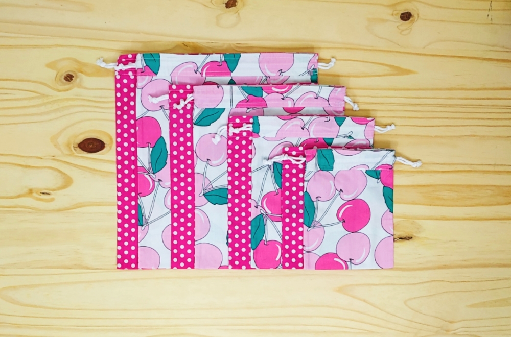 Lot de 4 sacs à vrac (2x S+M ou 2x L+XL), pochette réutilisable zéro déchet Cerises