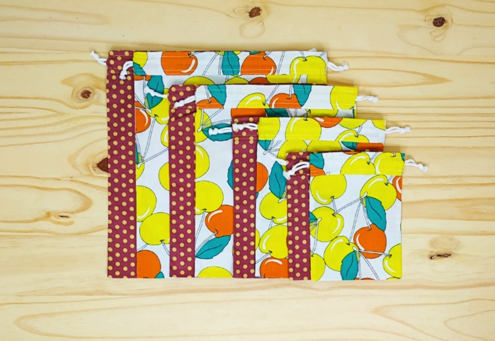 Lot de 4 sacs à vrac (2x S+M ou 2x L+XL), pochette réutilisable zéro déchet Cerises