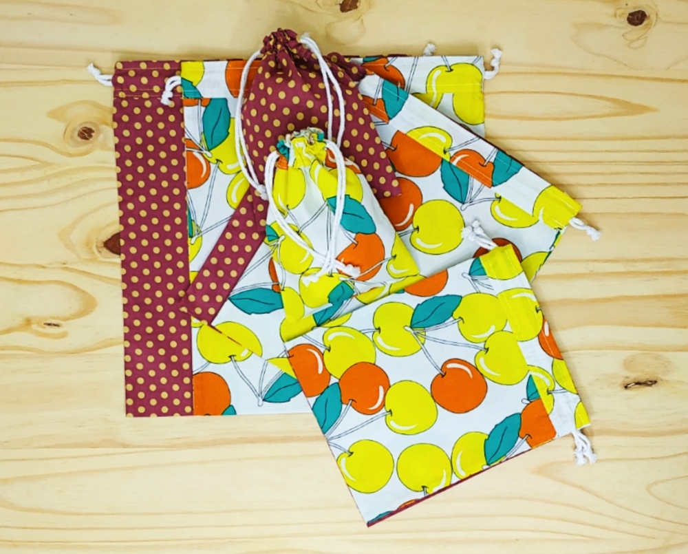 Lot de 4 sacs à vrac (2x S+M ou 2x L+XL), pochette réutilisable zéro déchet Cerises