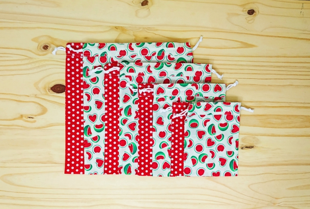 Lot de 4 sacs à vrac (2x S+M ou 2x L+XL), pochette réutilisable zéro déchet Melon, Pastèque, Cerise