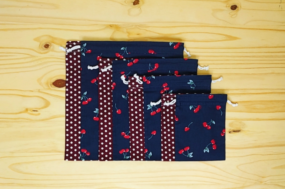 Lot de 4 sacs à vrac (2x S+M ou 2x L+XL), pochette réutilisable zéro déchet Melon, Pastèque, Cerise