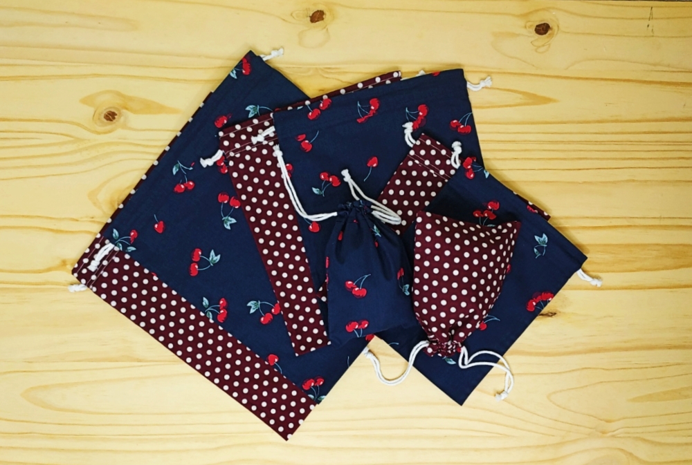 Lot de 4 sacs à vrac (2x S+M ou 2x L+XL), pochette réutilisable zéro déchet Melon, Pastèque, Cerise