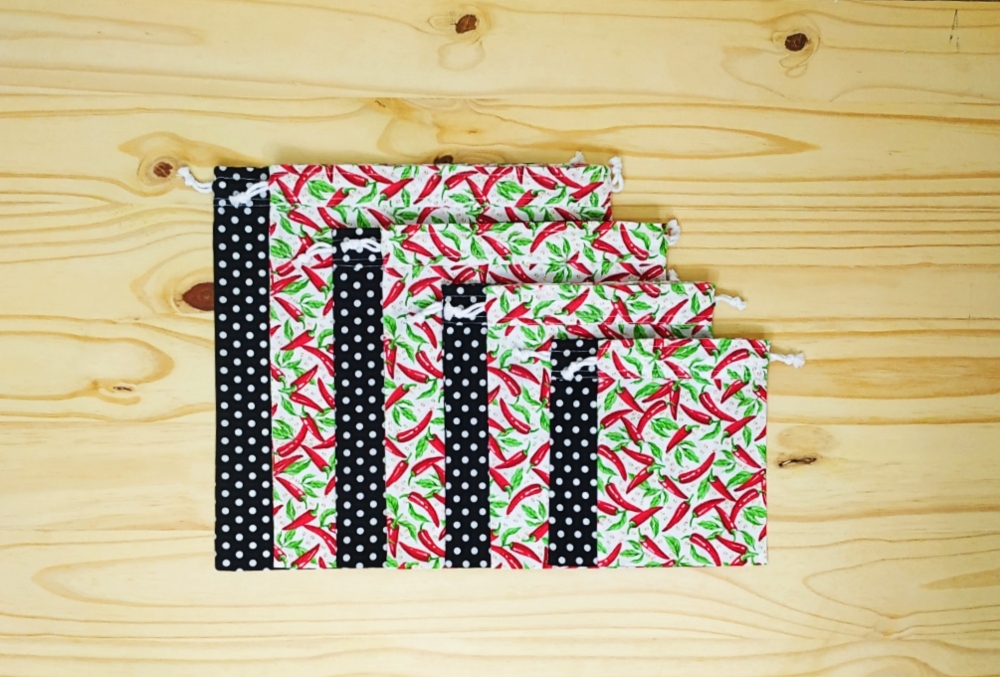 Lot de 4 sacs à vrac (2x S+M ou 2x L+XL), pochette réutilisable zéro déchet Piments