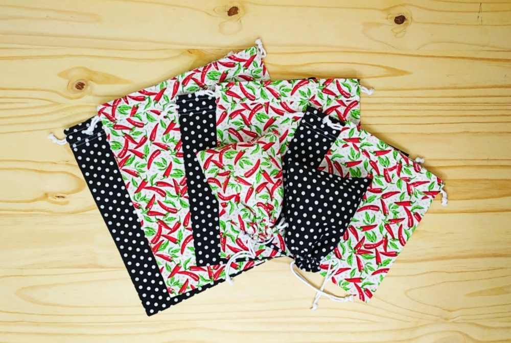 Lot de 4 sacs à vrac (2x S+M ou 2x L+XL), pochette réutilisable zéro déchet Piments