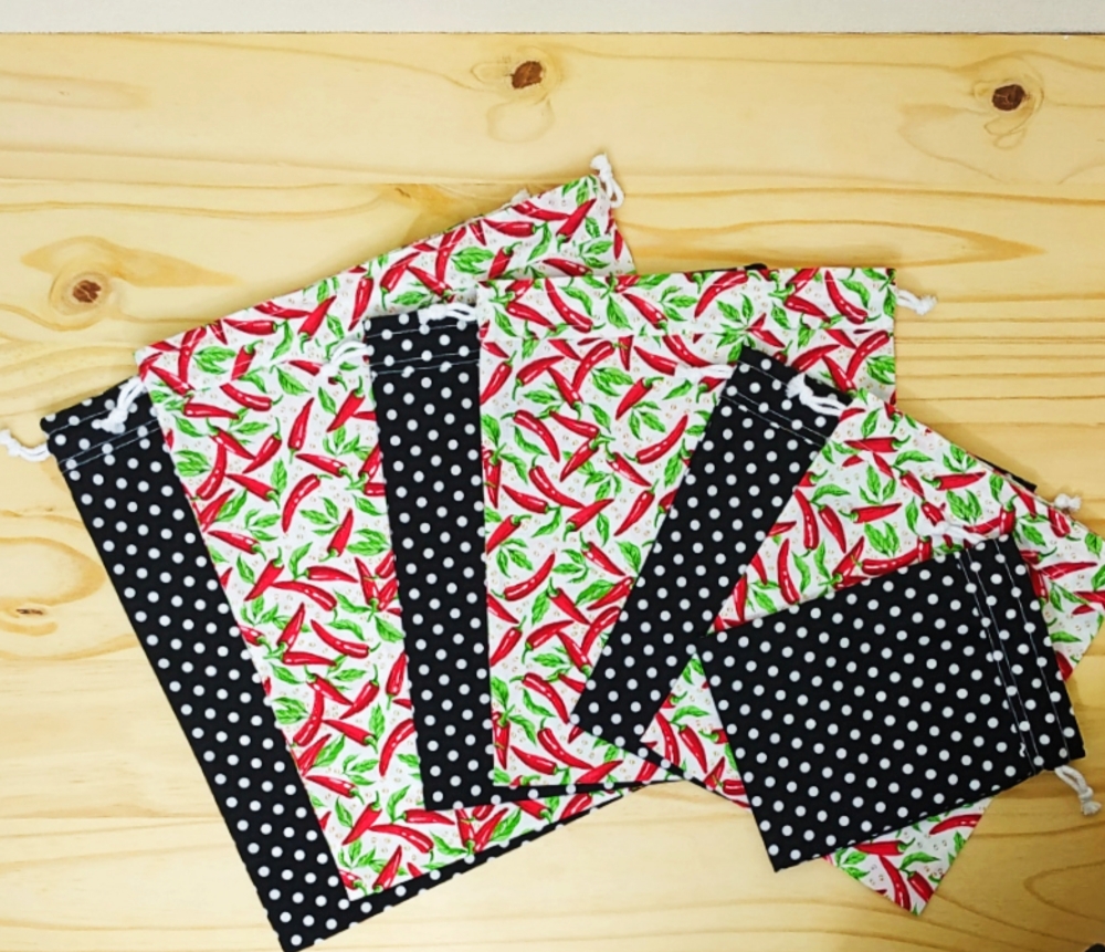 Lot de 4 sacs à vrac (2x S+M ou 2x L+XL), pochette réutilisable zéro déchet Piments
