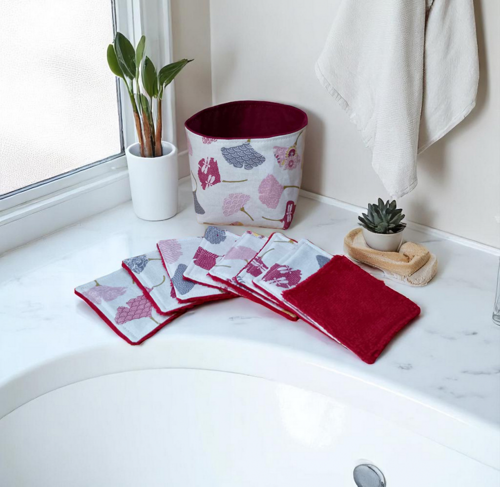 Panière et 8 lingettes lavables en éponge de bambou et coton certifié Oekotex, modèles au choix