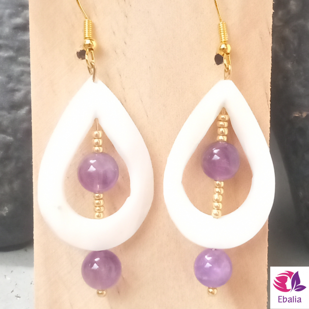 Boucles d'Oreilles \"Goutte\" - Nacre & Améthyste (violet)