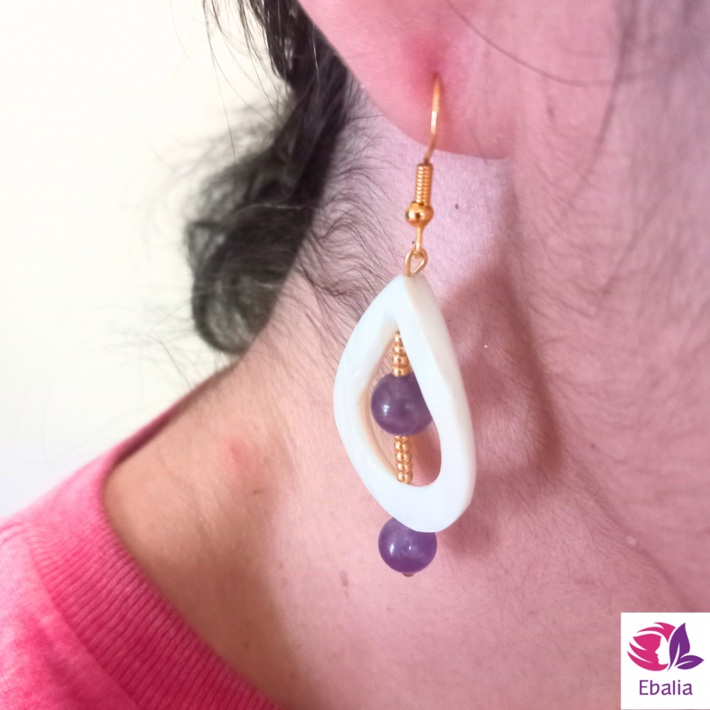 Boucles d'Oreilles \"Goutte\" - Nacre & Améthyste (violet)