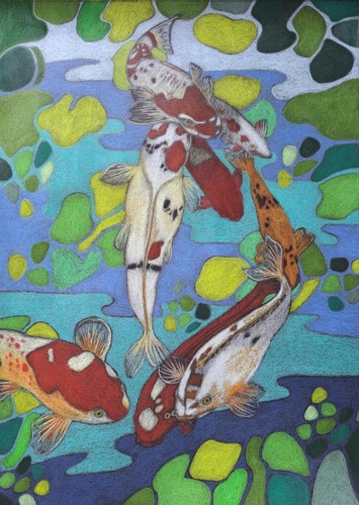 Carpes koï, dessin original aux crayons de couleurs