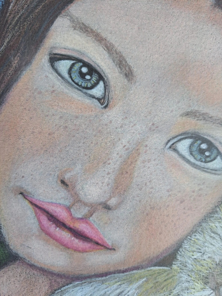 Petite fille à l'agneau, dessin original aux crayons de couleurs