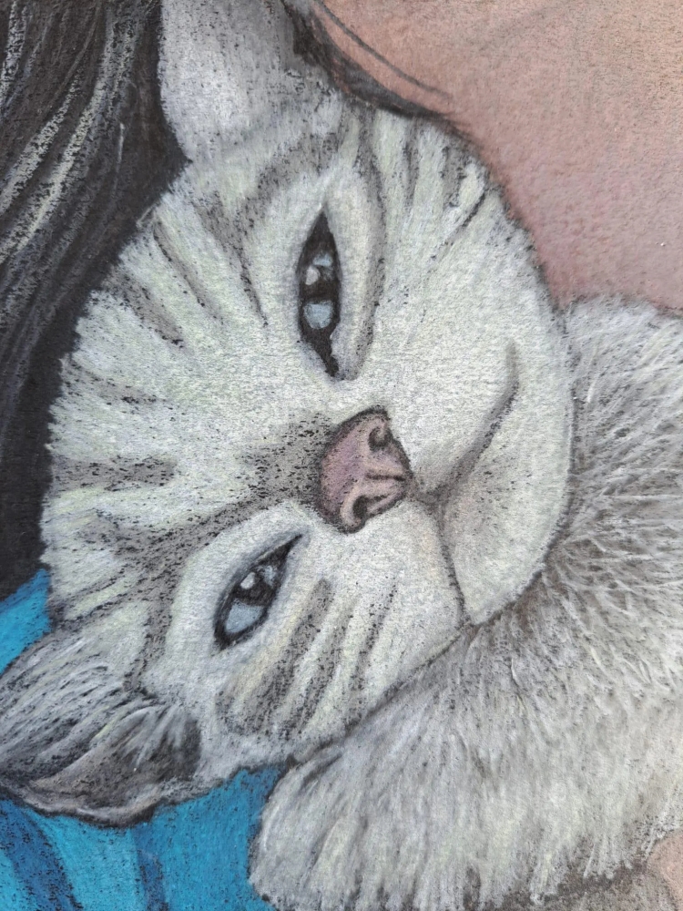 Petite fille au chaton, dessin original aux crayons de couleurs