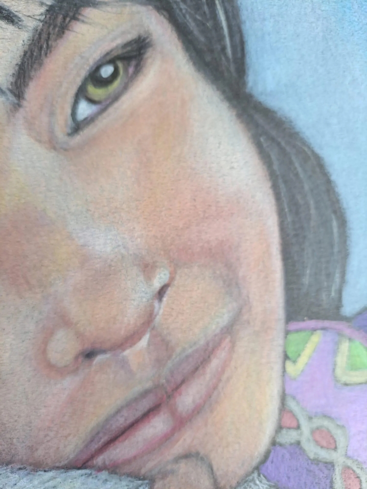 Petite fille au chaton, dessin original aux crayons de couleurs