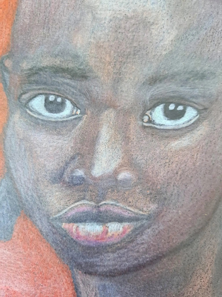 Petite fille au coq, dessin original aux crayons de couleurs