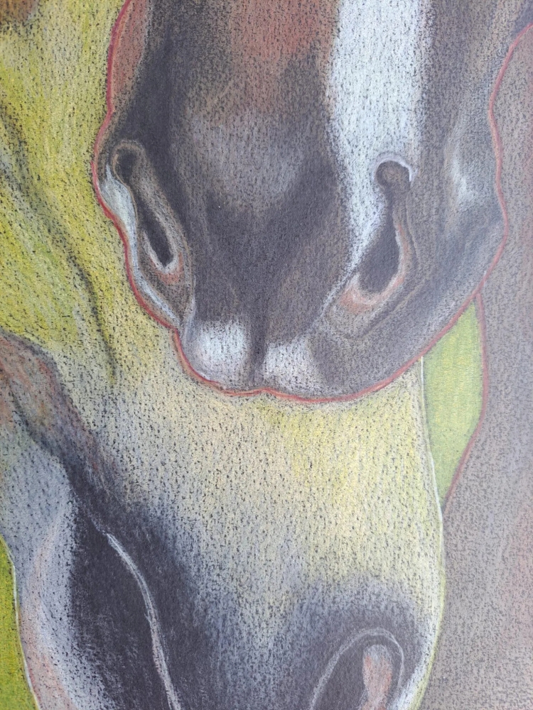 Trio, dessin original aux crayons de couleurs