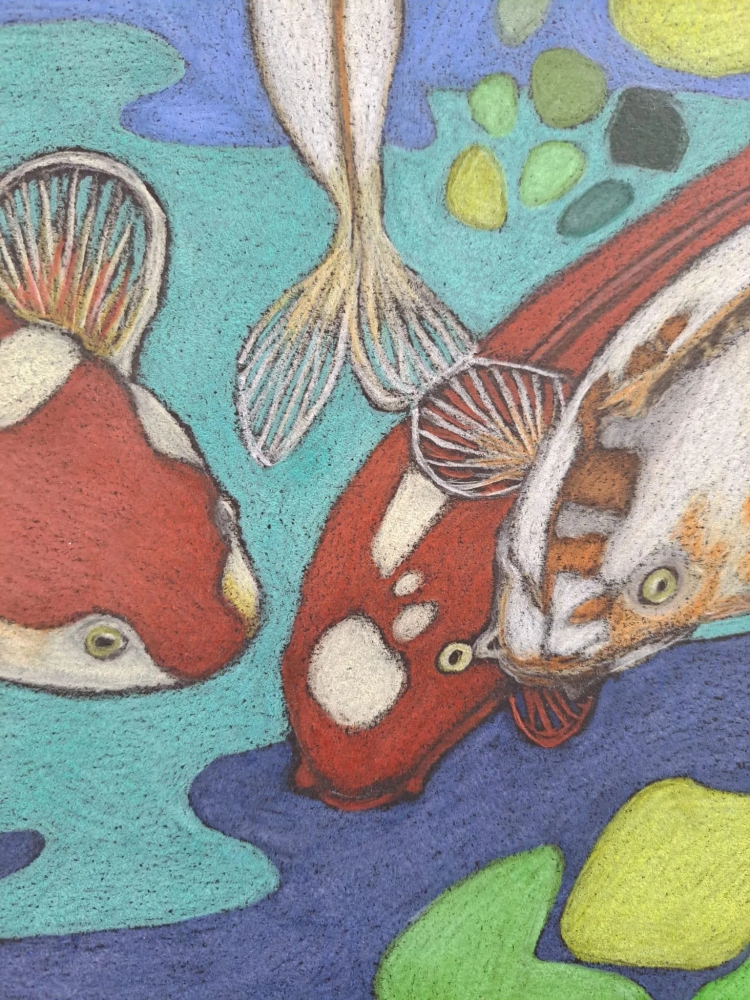 Carpes koï, dessin original aux crayons de couleurs