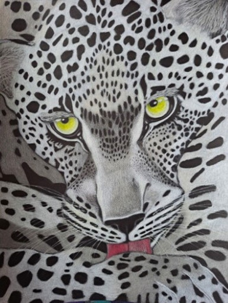 Léopard, dessin original aux crayons de couleurs