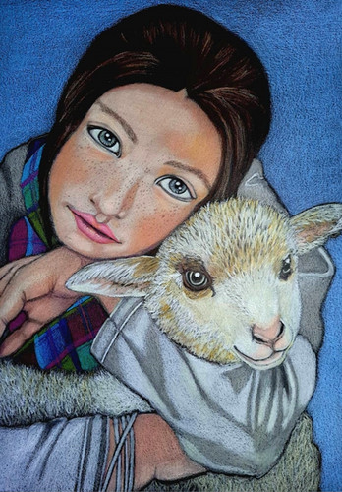 Petite fille à l'agneau, dessin original aux crayons de couleurs