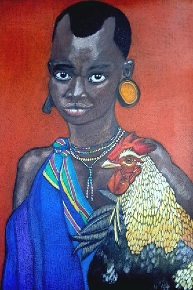 Petite fille au coq, dessin original aux crayons de couleurs