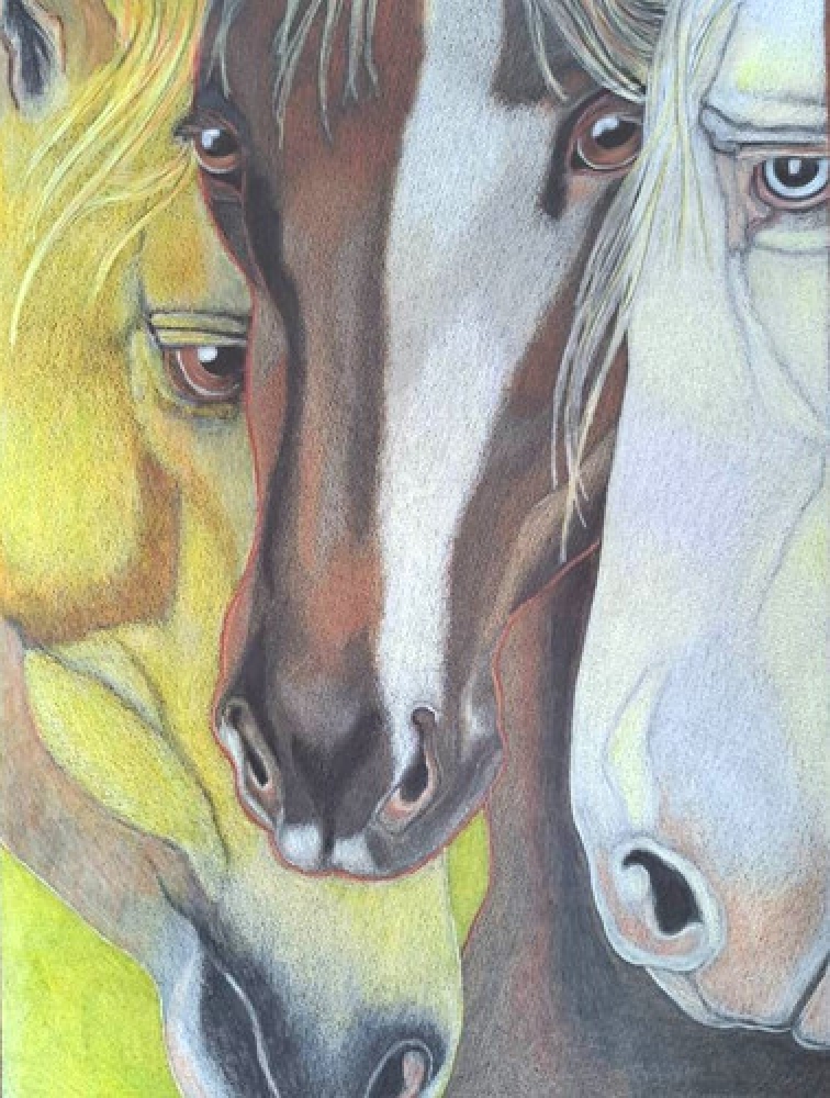 Trio, dessin original aux crayons de couleurs