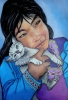 Petite fille au chaton, dessin original aux crayons de couleurs