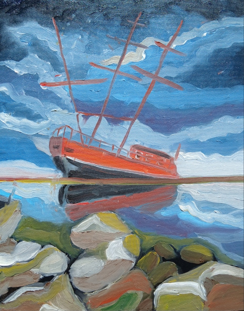 Trois mâts, peinture à l'huile originale sur support bois