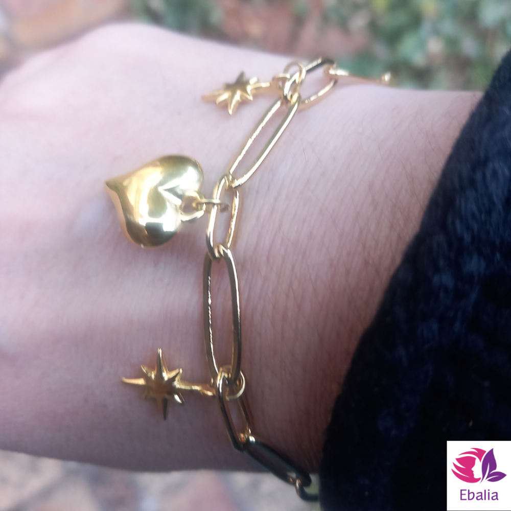 Bracelet Chaîne, Cœur et Étoile du Nord OR 24k