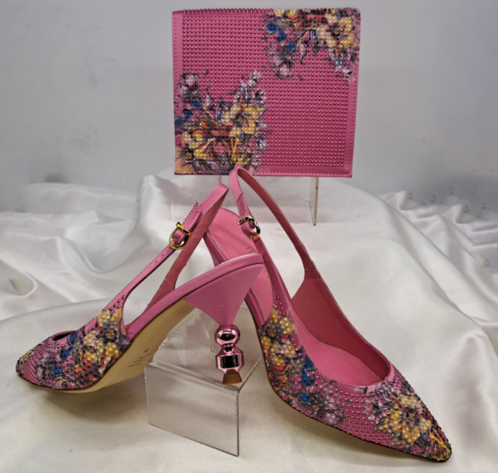 Baby Pink Shoe and Bag Set with Floral and Stone Accents