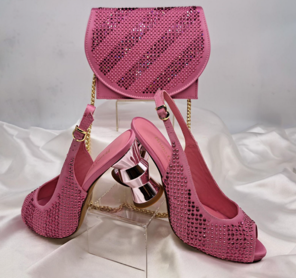 Rose Pink Satin Shoe and Bag Set with Stone Detailing