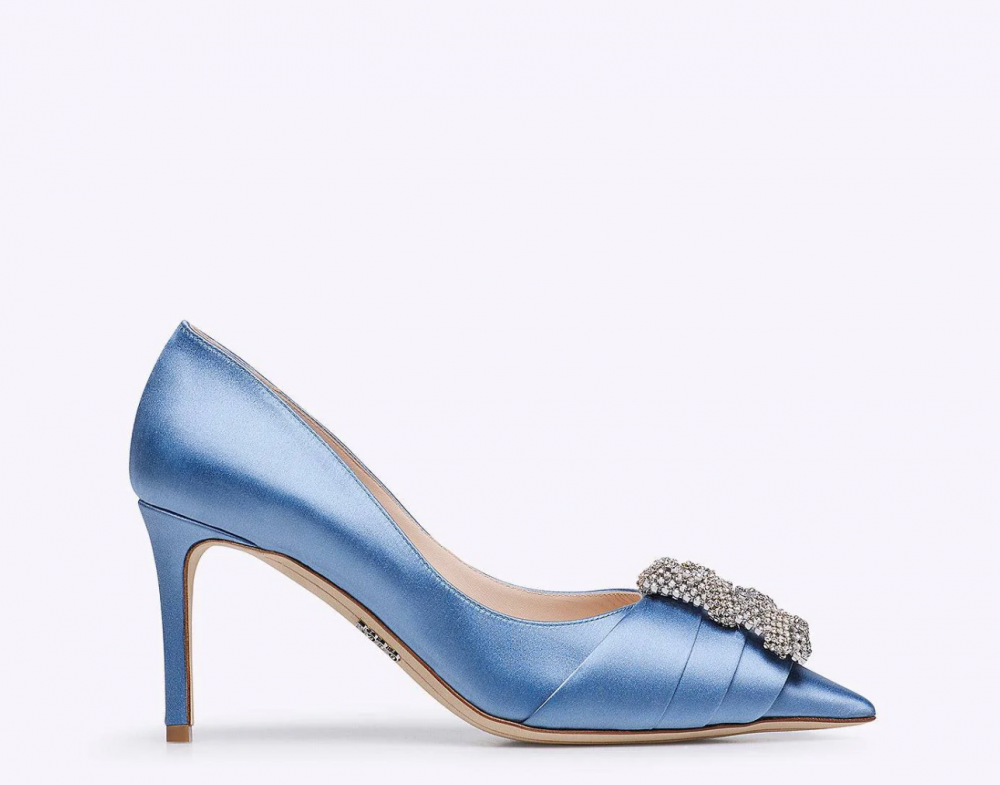 Rodo Light Blue Satin Pump with Jeweled Buckle