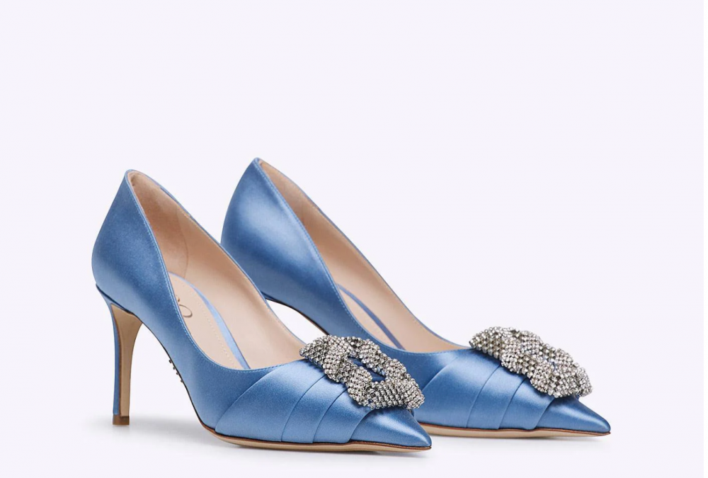 Rodo Light Blue Satin Pump with Jeweled Buckle