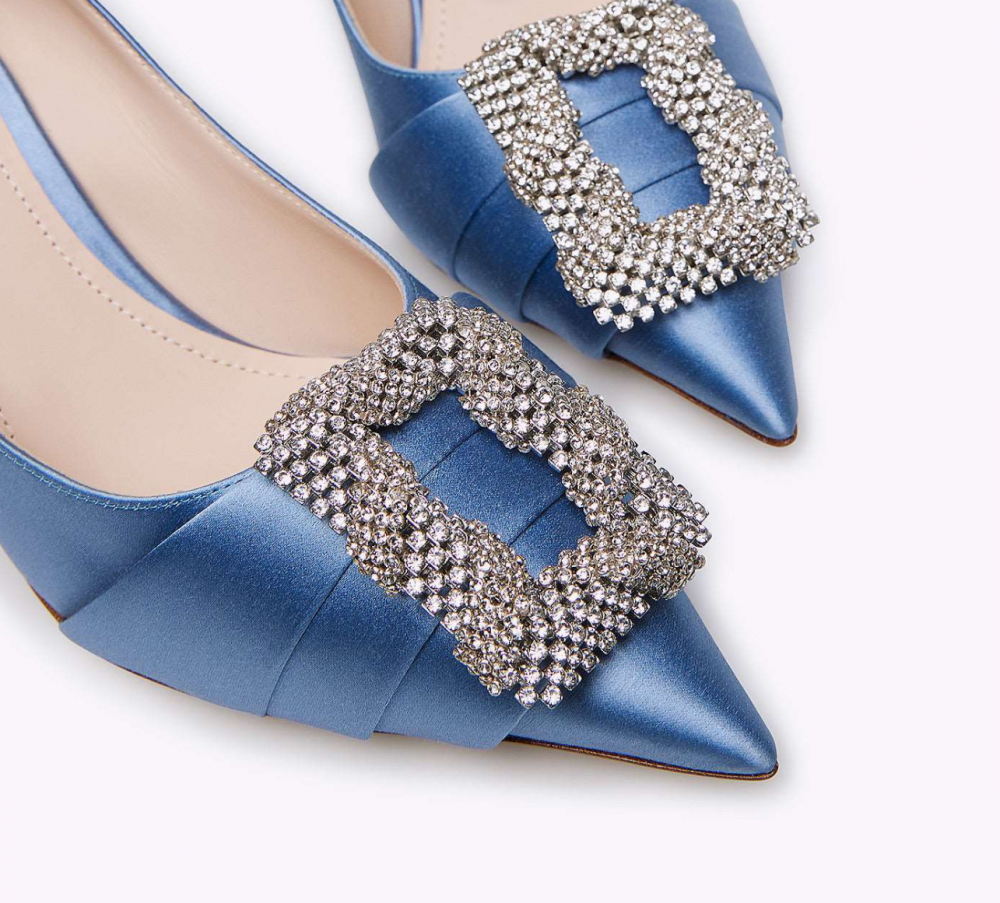 Rodo Light Blue Satin Pump with Jeweled Buckle