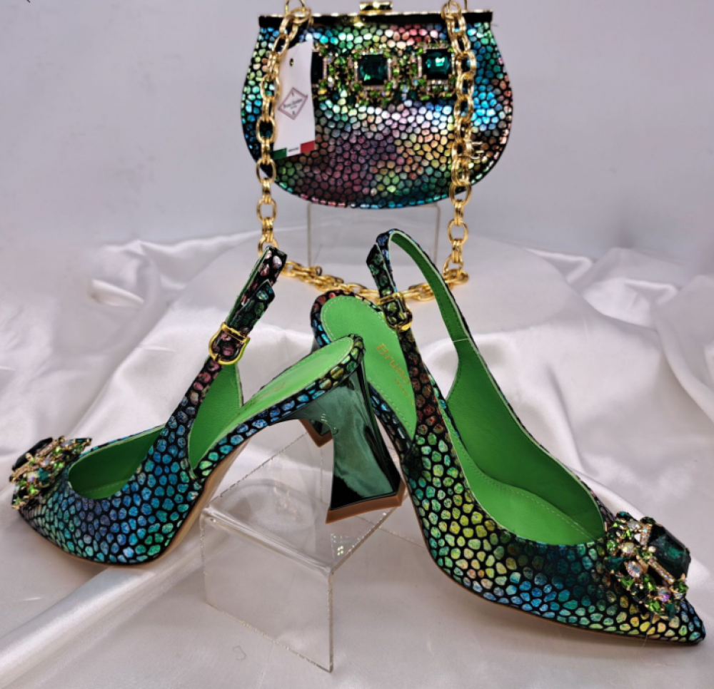 Emerald Green Shoe and Bag Set with Stone Appliqué