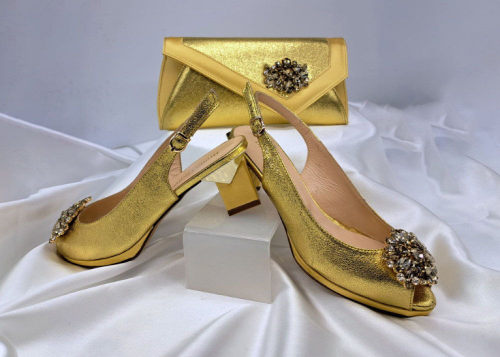 Gold Envelope Style Bag and Shoe Set with Floral Appliqué