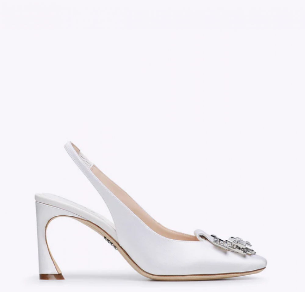 Rodo White Satin Slingback with Jeweled Buckle