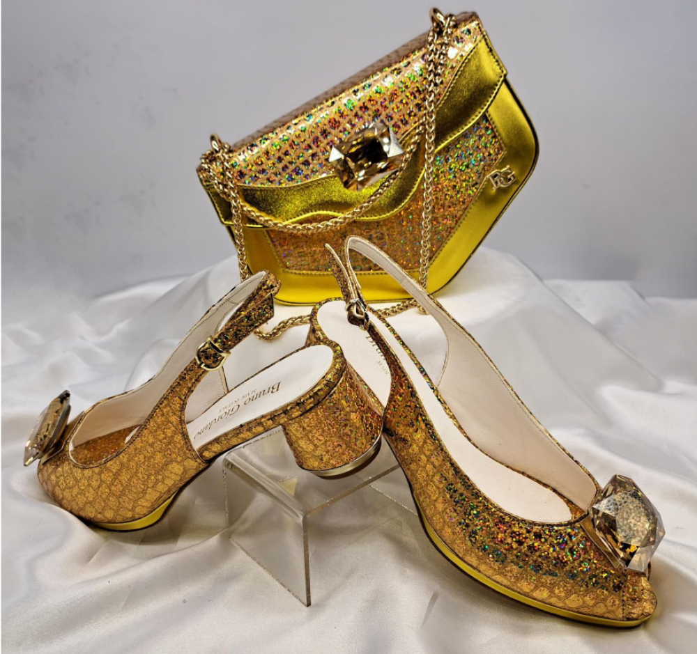 Gold Leather Shoe and Bag Set with Multicolored Details