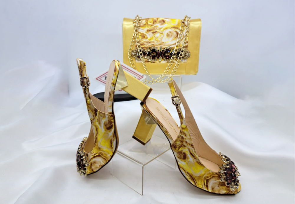 Gold Satin Shoe and Bag Matching Set with Appliqué Detailing