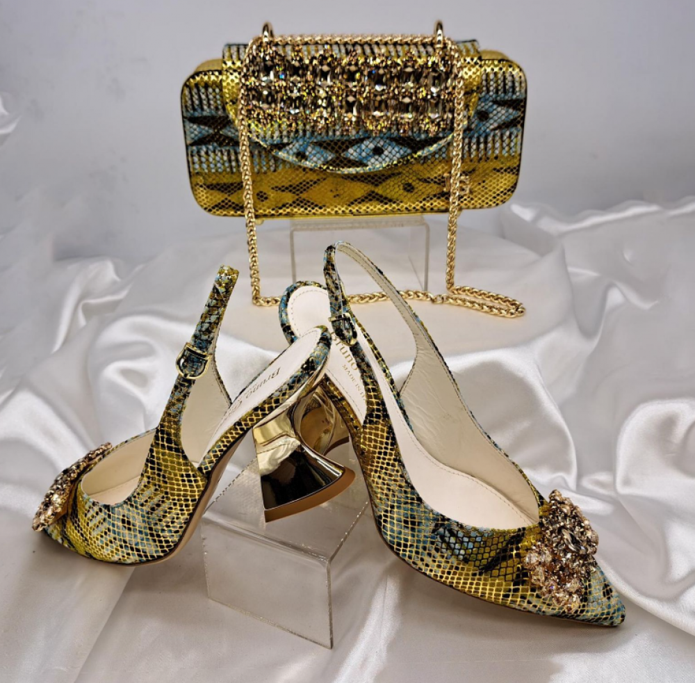 Multicolored Gold Bag and Shoe Set