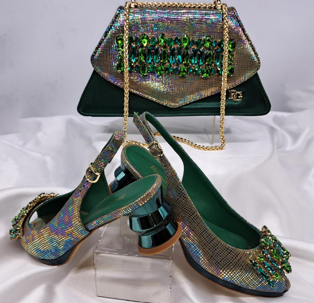 Italian Emerald Green and Gold Shoe and Bag Set with Multicolored Accents