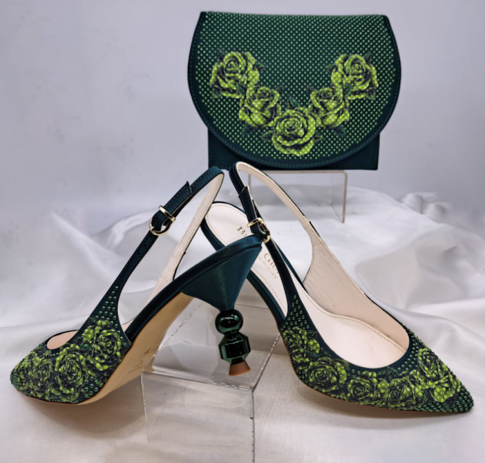 Emerald Green Slingback Shoe and Bag Set with Rose Embroidery 