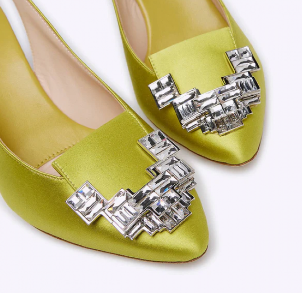 Rodo Lime Satin Slingback with Jeweled Buckle