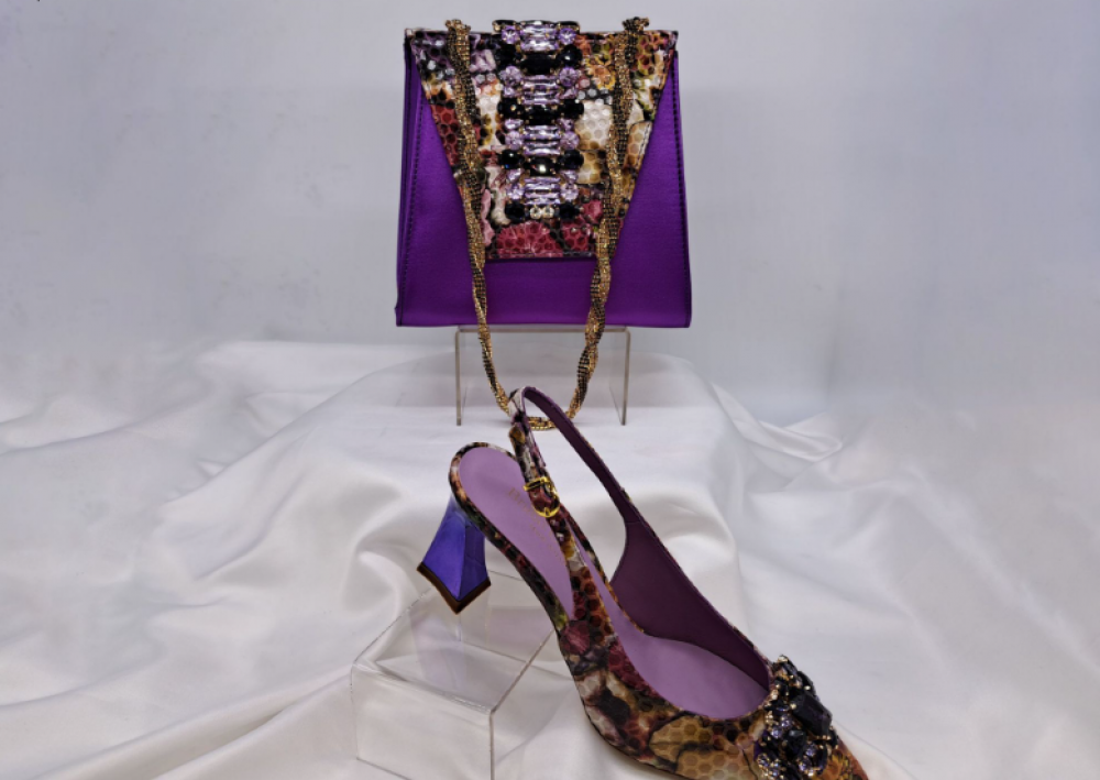 Multicolor Purple Shoe and Bag Set with Stone Appliqué