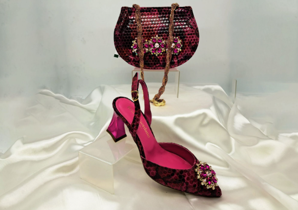 Multicolour Fuschia Pink Shoe and Bag Set with Appliqué