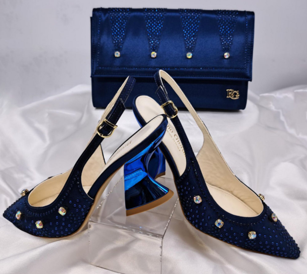 Navy Italian Shoe and Bag Set with Stone Accents