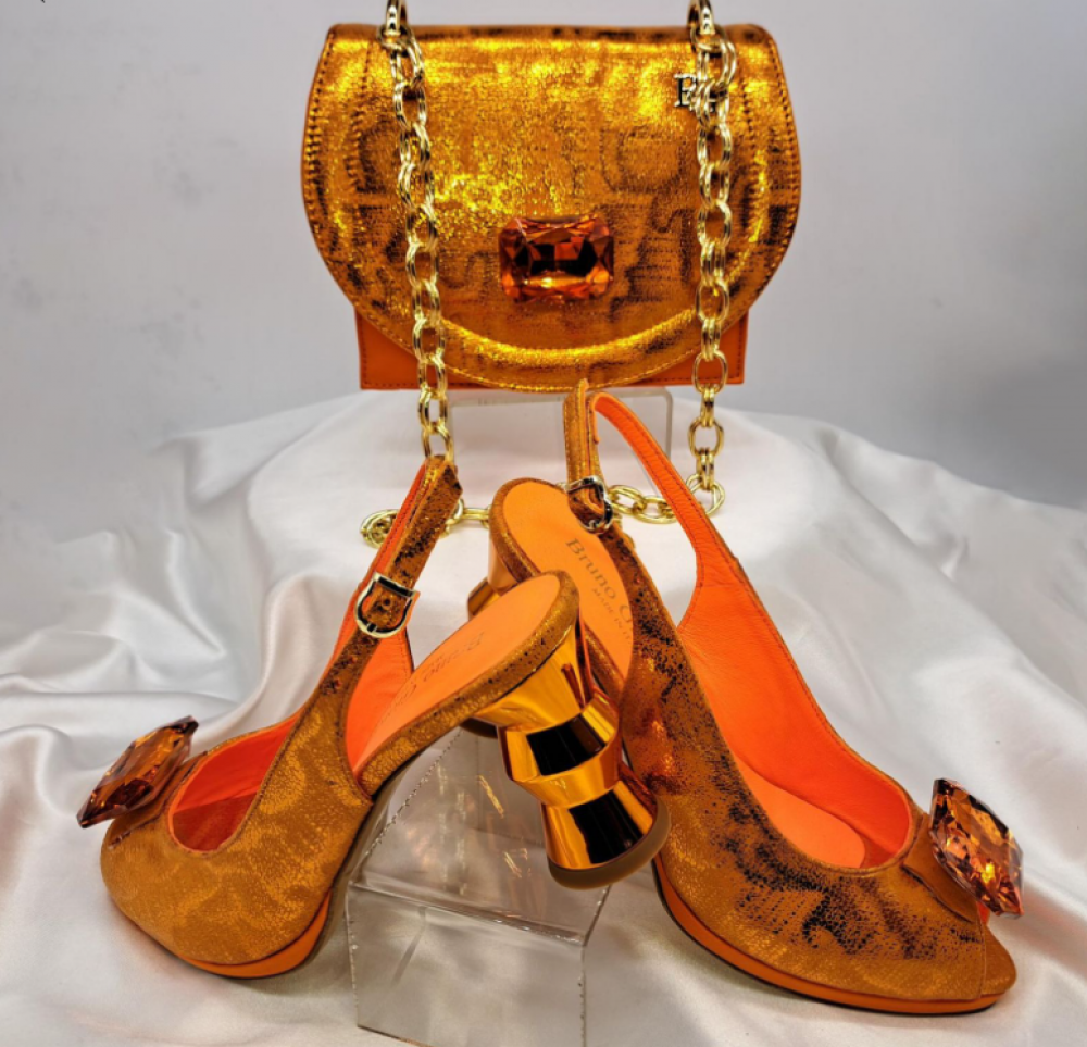 Orange Shoe and Bag Set with Stone Detailing