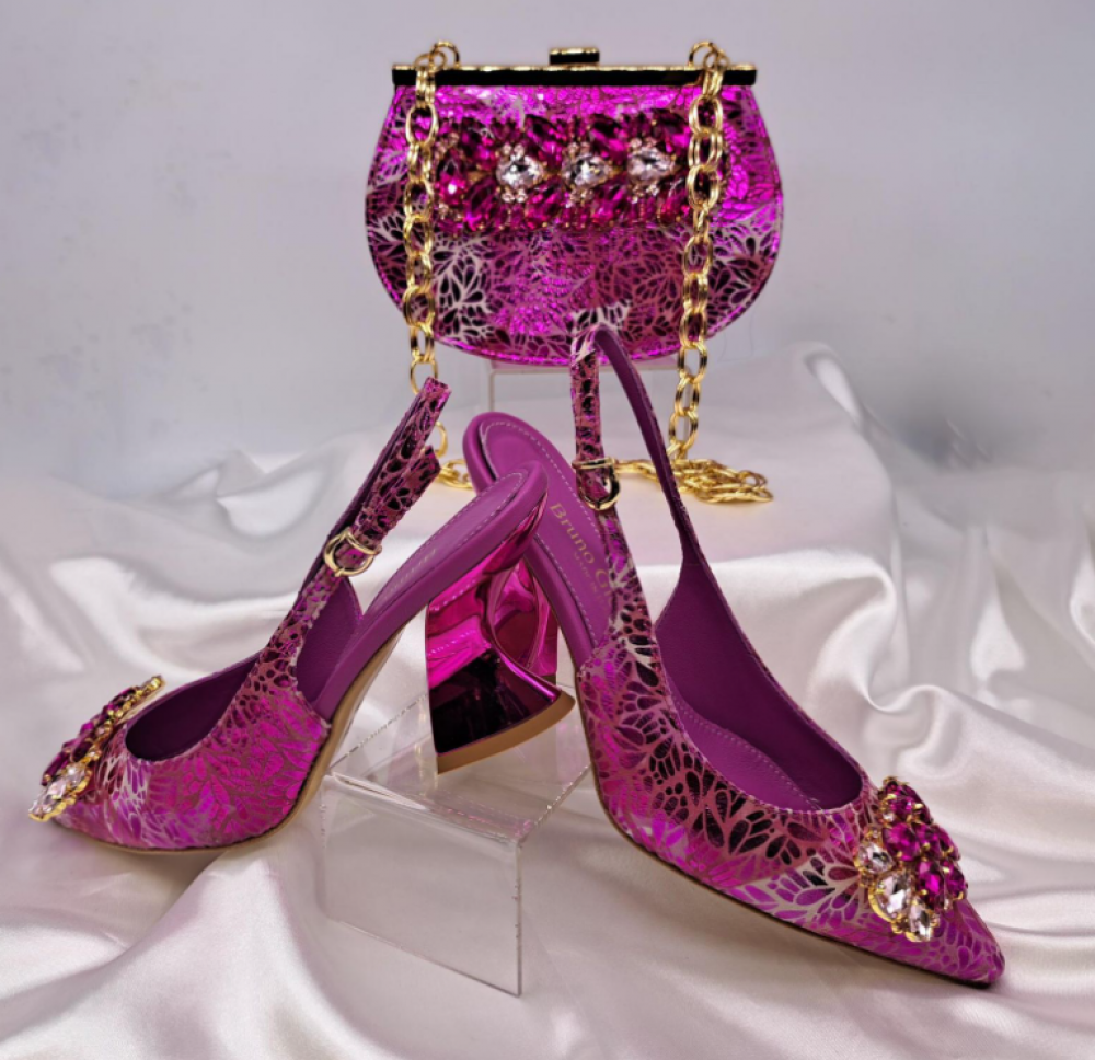 Fuchsia Pink Shoe and Bag Set with Stone Appliqué