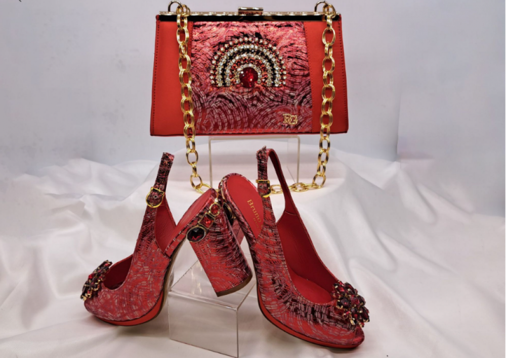 Red Italian Shoe and Bag Set with Rhinestone Detailing