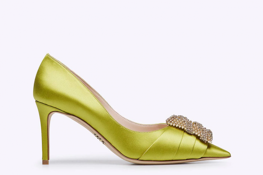 Rodo Lime Satin Pump with Jeweled Buckle