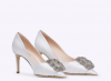 Rodo White Satin Pump with Jeweled Buckle